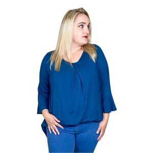 Teal Blue V Neck Tunic with Bell Sleeves Plus Size Top